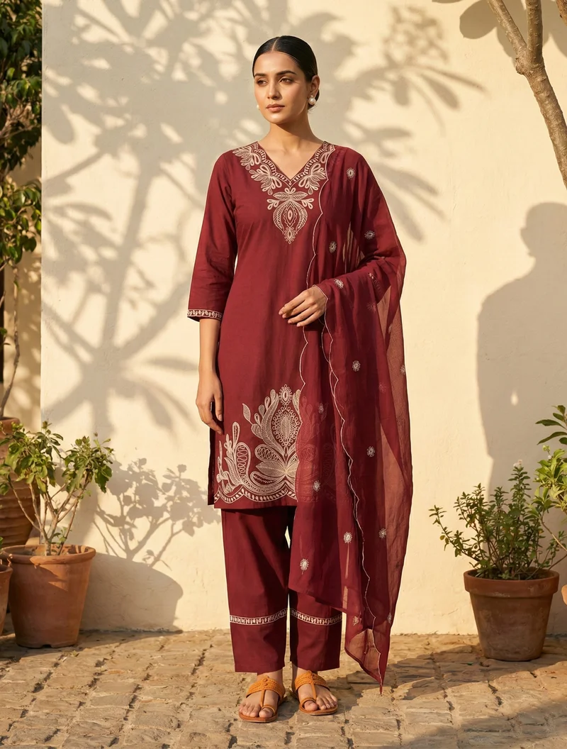 ترو برونز trueBrowns Maroon Embroidered Kurta Farsi Pant Dupatta Set